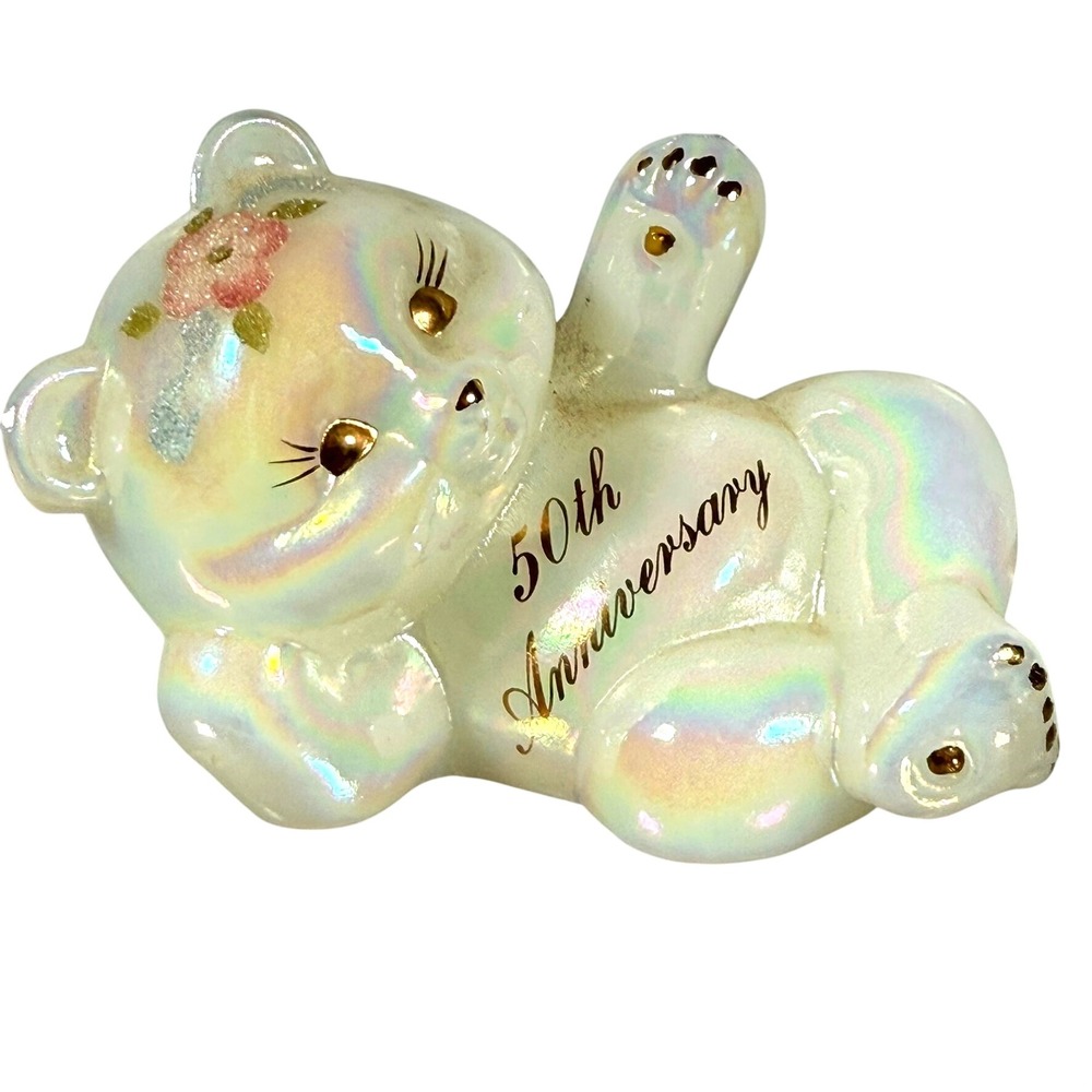 Fenton 50th Anniversary Bear Figurine Iridescent Glass Hand Painted USA Vintage